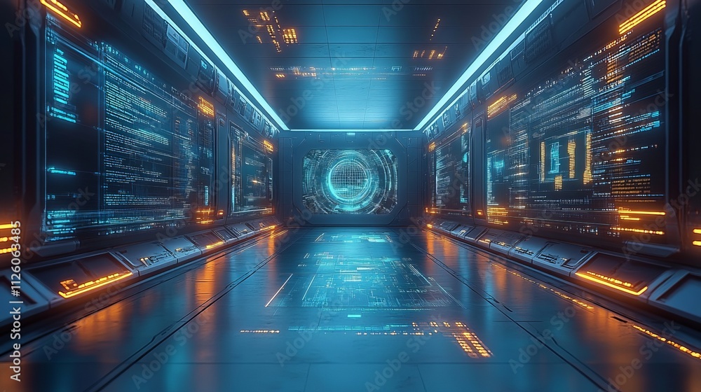 Poster futuristic digital control room with glowing interfaces and tech elements