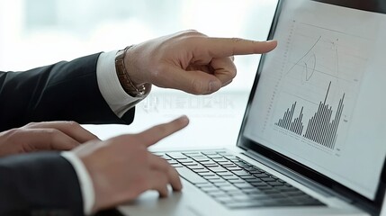 Business professionals analyzing financial graphs on laptop in office setting