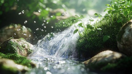 Fresh water stream flowing through a lush green forest with sunlight filtering through leaves