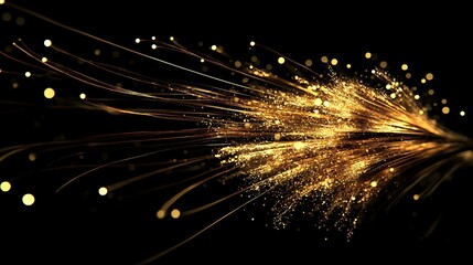 A golden fireworks explosion with glowing trails and bokeh lights scattered on a deep, elegant black backdrop