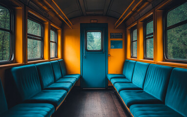 Vibrant interior of a train compartment with teal doors and blue-green seating