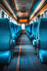 Fototapeta premium Comfortable train interior with blue seating in a quiet carriage at midday