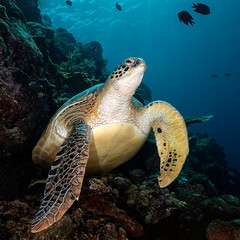 Eye level with a Green turtle (Chelonia mydas) swimming in the blue ocean. The underside of the beautiful turtle shell is very prominent.