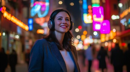 Fototapeta premium Caucasian Businesswoman Listening to Music and Podcasts in Neon Lit City Street at Night