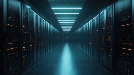 Server Room Corridor with Blue Neon Lights