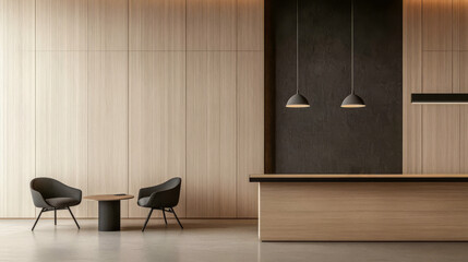 Modern minimalist reception area featuring wooden panels and contemporary furniture design