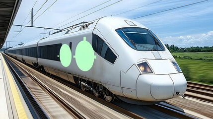 Fototapeta premium High-speed train with green advertisement mockup on side, for marketing or billboard, on railway tracks