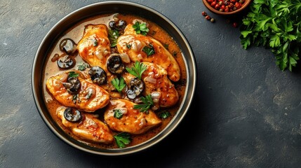 Delicious chicken breast in mushroom sauce. Perfect for restaurant menus or food blogs showcasing savory dishes.