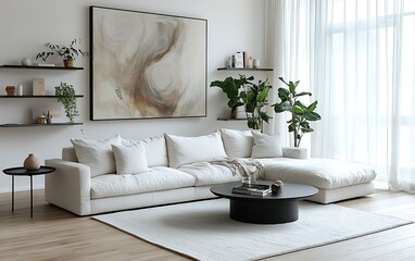 Modern white sectional sofa in bright living room with plants and abstract art.