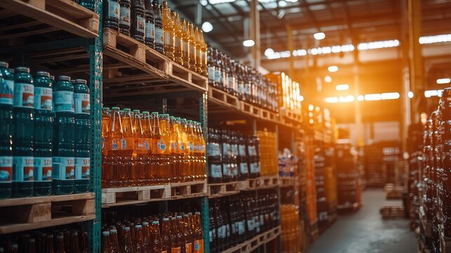 Vibrant Beverage Warehouse with Colorful Bottles of Soft Drinks and Juices on Wooden Pallets under Bright Warehouse Lights