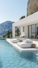 Fototapeta premium Modern villa with stunning mountain view and serene infinity pool in bright daylight