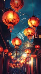 Festive lanterns illuminate a vibrant night street during a fireworks display.