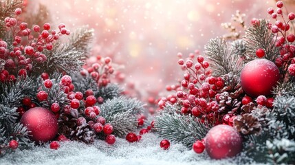 Festive Winter Background with Red Berries and Christmas Ornaments
