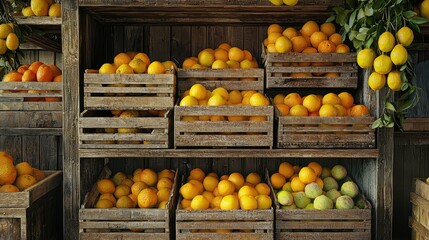 Fresh Citrus Display in Rustic Wooden Crates Featuring Bright Oranges and Lemons in a Farmstand Setting for Natural Food Imagery