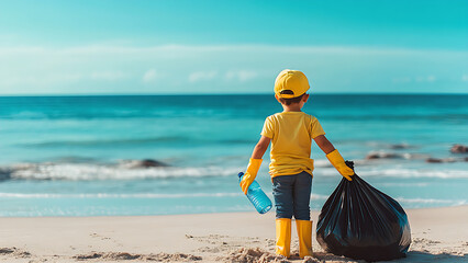 A child dressed in yellow is on the beach, holding a black trash bag full of rubbish.