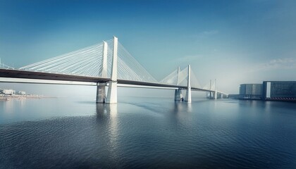 A dramatic image of a bridge spanning a river, with towering support beams and a blue sky.
