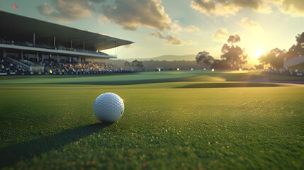 Golf ball on green at sunset, spectators in background.