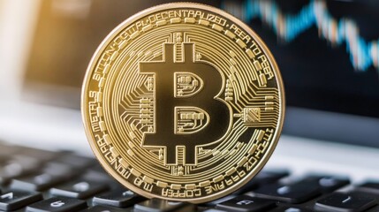 Gold Coin on Keyboard with Blockchain Graphics