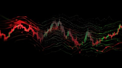 Abstract representation of stock market fluctuations with vivid red and green lines and wave patterns illustrating financial trends and data analysis