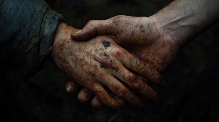 Fototapeta premium A Bloody Pact: Muddy Hands Clasped in a Gripping Deal