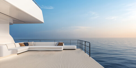 Fototapeta premium Luxurious outdoor lounge on a yacht overlooking the serene ocean at sunset
