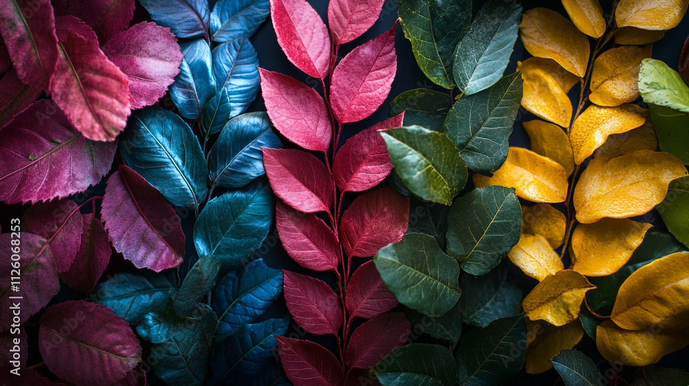 Poster vibrant leaves in various colors arranged in an artistic display on a dark background