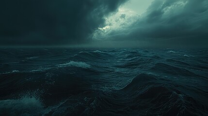 Fototapeta premium Dark and Mysterious Ocean Waves Under Imposing Stormy Clouds Captured in a Gloomy Atmosphere Reflecting Nature's Raw Power and Tranquility