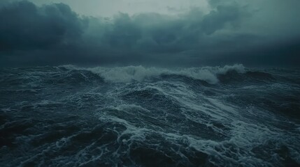 Fototapeta premium Dark, Stormy Ocean Waves Under Gloomy Sky, Turbulent Waters and Dramatic Clouds Creating a Mysterious Atmosphere, Nature's Fury Captured in Twilight Light