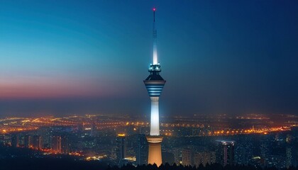 Fototapeta premium A dramatic shot of a tall, iconic tower lit up at night, surrounded by city lights and a vibrant sky.