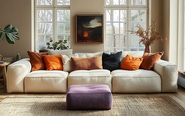 Fototapeta premium Cozy living room with white sectional sofa, colorful pillows, and purple ottoman.