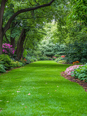 Obraz premium Lush garden pathway surrounded by vibrant flowers in a serene landscape