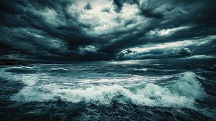 Obraz premium Dark and Dramatic Seascape Under Stormy Clouds with Turbulent Waves Crashing Against Each Other on a Gloomy Day by the Ocean's Shoreline