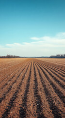 Expansive plowed field under a clear blue sky in the countryside