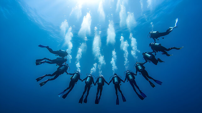 Divers forming a circle underwater, holding hands, bubbles rising.