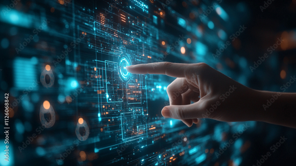 Poster interactive technology interface with a hand reaching towards a digital display