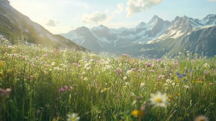 Fototapeta premium Breathtaking Landscape of Colorful Wildflowers in a Serene Mountain Meadow with Majestic Peaks and Soft Sunlight Illuminating the Scene