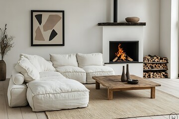 Cozy living room with white sectional sofa, fireplace, and abstract art.
