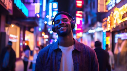 Fototapeta premium Stylish Man Listening to Music at Neon-Lit City Street at Night