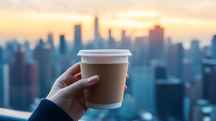 Hands holding a cup of coffee. Background is a city skyline.