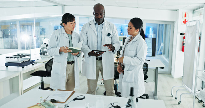 Scientist, team and collaboration for research, notes and experiment results or medical information. People, notebook and laboratory manager with documents for virus development or pathology test