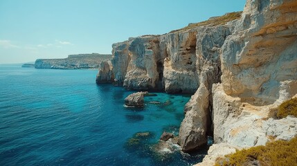 Naklejka premium Majestic Coastal Cliffs Overlooking Crystal Clear Waters in a Serene Mediterranean Landscape with Vibrant Colors and Natural Beauty