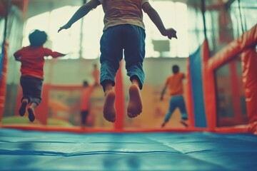 Child joyfully leaps on trampoline, feet in mid-air. Captures carefree fun and active playtime for kids.