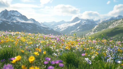 Fototapeta premium Vibrant Wildflower Meadow in Majestic Mountain Landscape Under Bright Blue Sky with Soft Clouds – A Scenic Nature Beauty Captured in Full Bloom