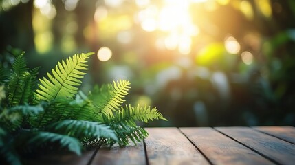 Abstract Green Ferns on Wooden Tabletop with Blurred Background