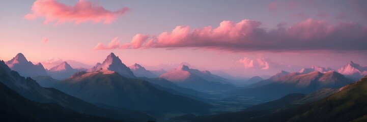 The mountains are covered in clouds and the sky is pink