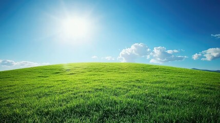 Obraz premium Serene Landscape of Lush Green Grass Under Bright Blue Sky with Fluffy White Clouds and Radiant Sunlight Illuminating the Scenic Horizon
