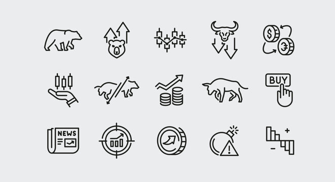 Stock market icons. Set of 15 stock market trendy minimal icons. Bear, Bull, market analysis, Stock Exchange icon. Design signs for web page, mobile app, packaging design. Vector illustration.