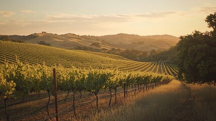 Fototapeta premium Serene Golden Hour in Vineyard Landscape with Rows of Lush Green Grapevines and Rolling Hills Under a Soft Sunset Sky