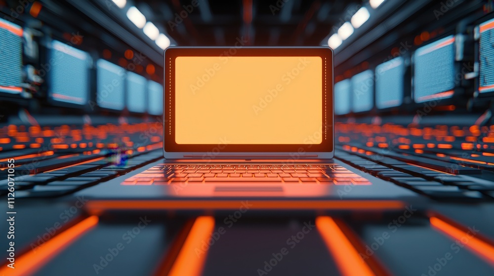Poster a sleek laptop with a bright orange screen is centered in a futuristic data environment filled with 