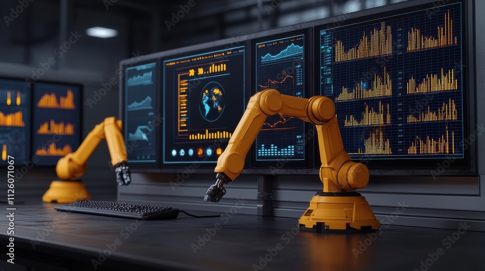 Poster a futuristic workspace featuring robotic arms and advanced data displays, illustrating automation an